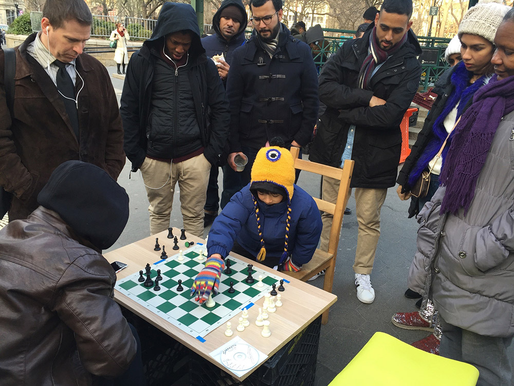 Oliver attracts a crowd of onlookers in New York City's Union Square, as he practices his moves against players many times his size. March, 2017